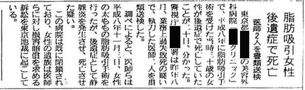 美容外科手術で死亡事故が起きたと報道